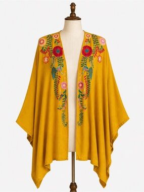 Umgee Mustard Yellow Floral Embroidered Kimono Cardigan M/L Oversized Boho Artsy
